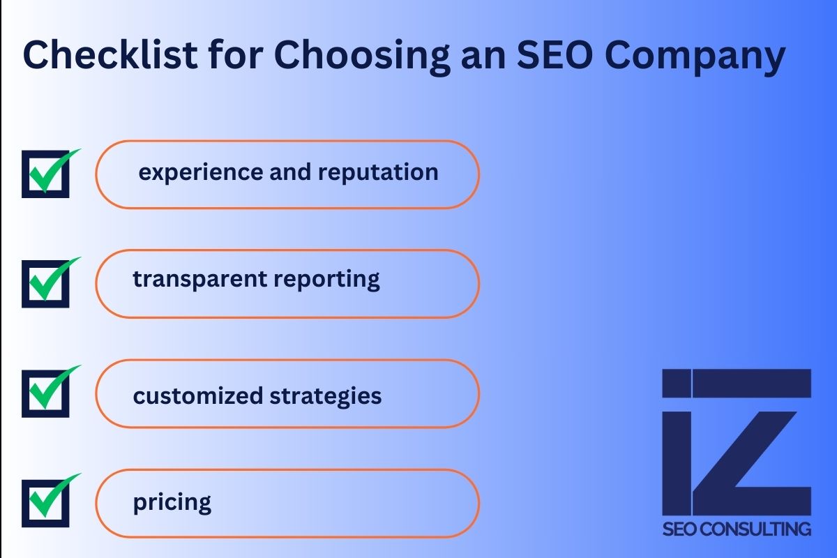 Checklist on how to find the best SEO agency with tips for experience, transparency, customized strategies, and budget alignment.