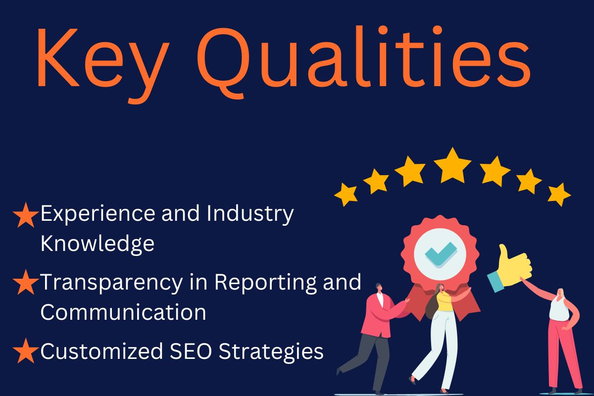 Key qualities of a top SEO agency, including experience, transparency, and customized SEO strategies, illustrated with checklist and star ratings.