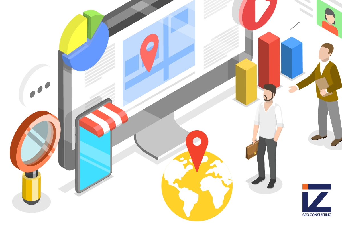 A graph with a couple of men looking at a screen with more than 10 local SEO elements surrounding them, symboling local SEO terminology