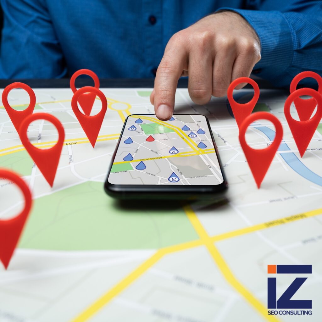 A map with a person showing at a particular business - signaling the importance of local SEO for organic traffic