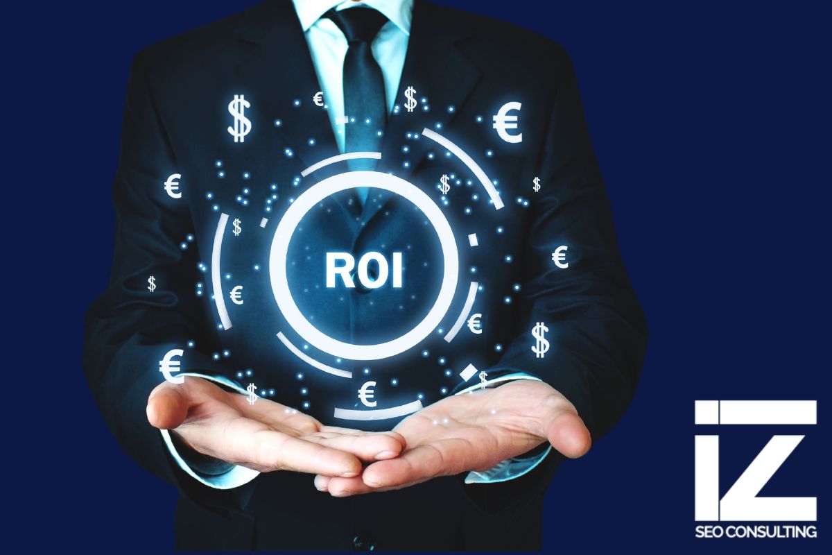 Businessman holding a glowing 'ROI' symbol surrounded by dollar and euro signs, representing the cost-effectiveness and return on investment of Google Search campaigns.