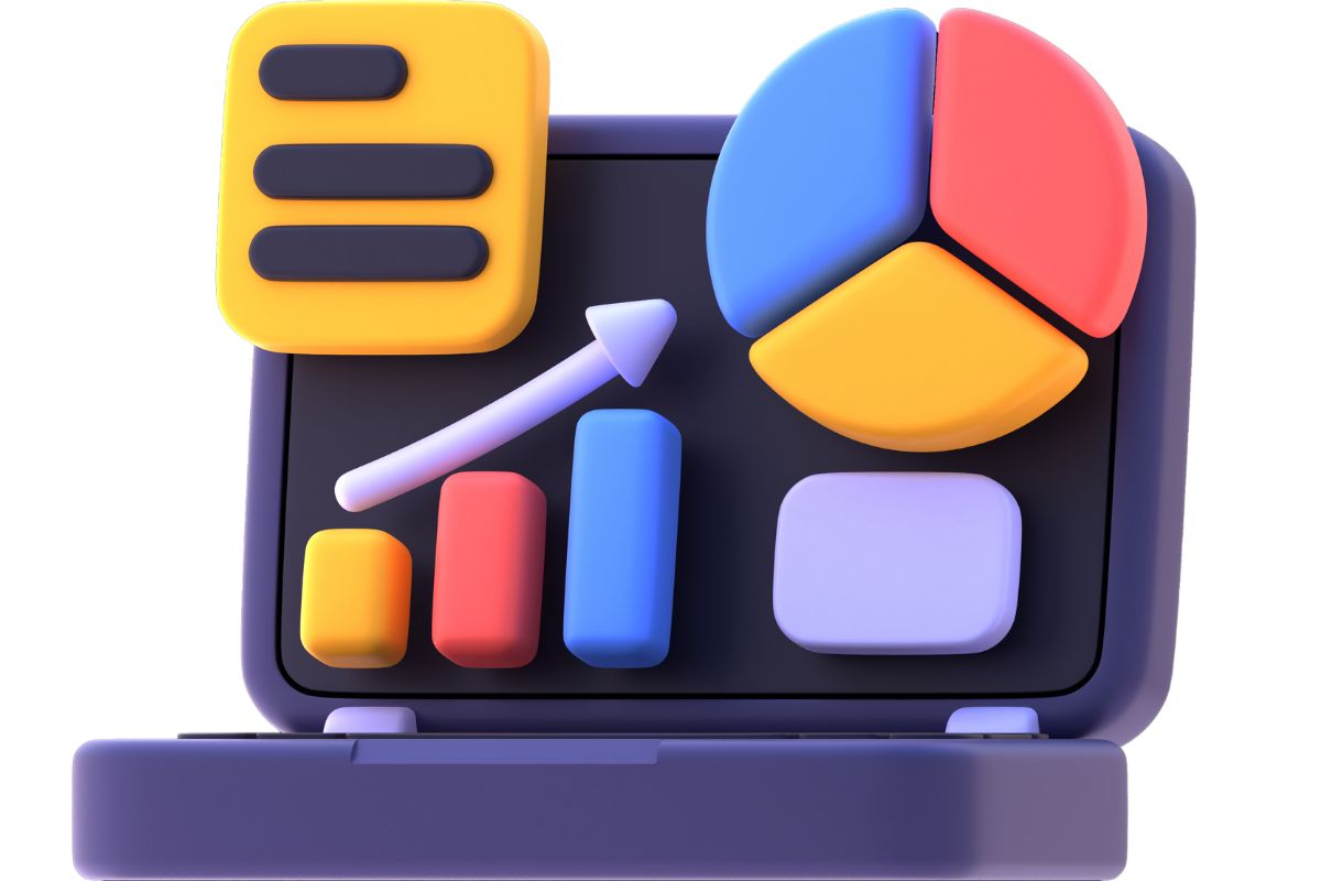 3D illustration of a laptop screen displaying charts and graphs, symbolizing SEO tracking and performance metrics