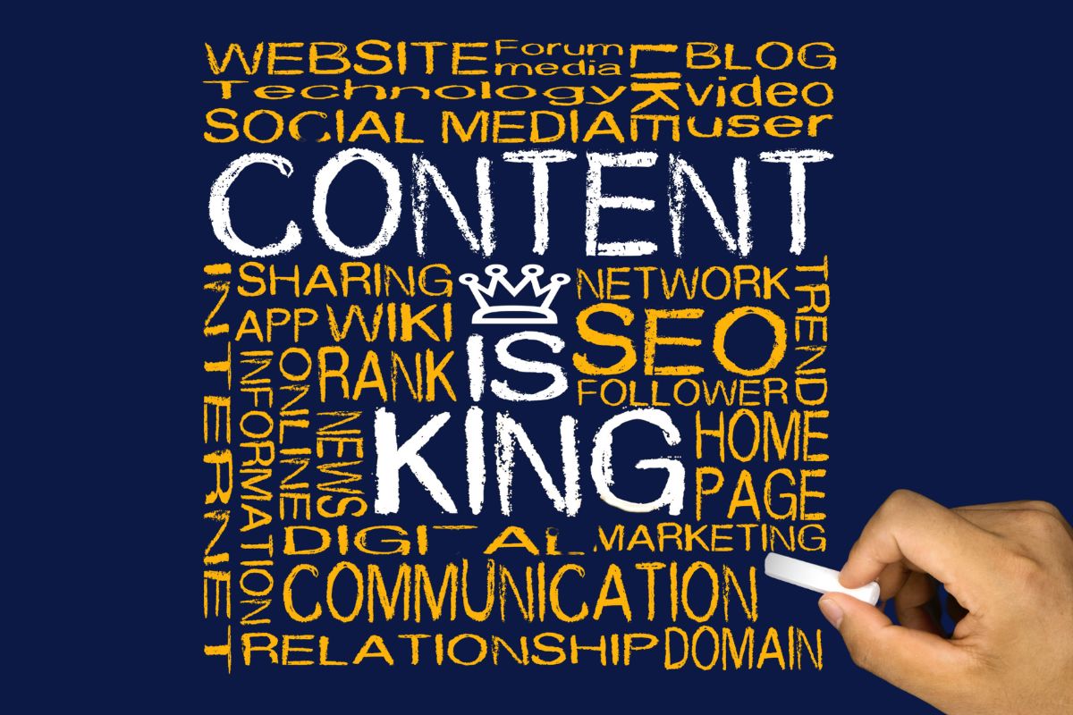 Illustration highlighting 'Content is King' with words related to Content SEO, such as website, SEO, social media, and communication, focusing on the structure and organization of content for SEO.