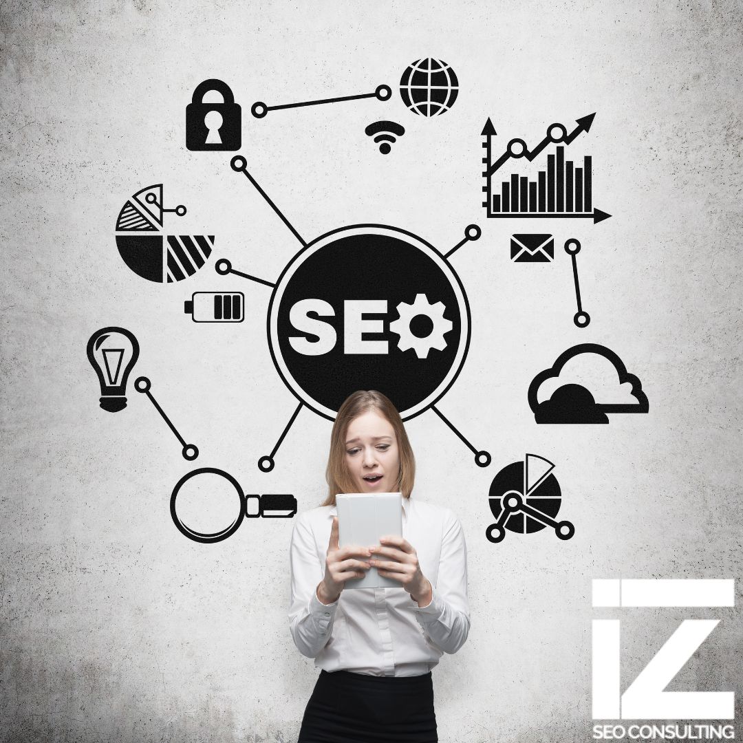 usinesswoman with SEO icons illustrating the balance between Technical SEO, like site structure, and Content SEO, such as audience engagement, highlighting their combined role in search optimization