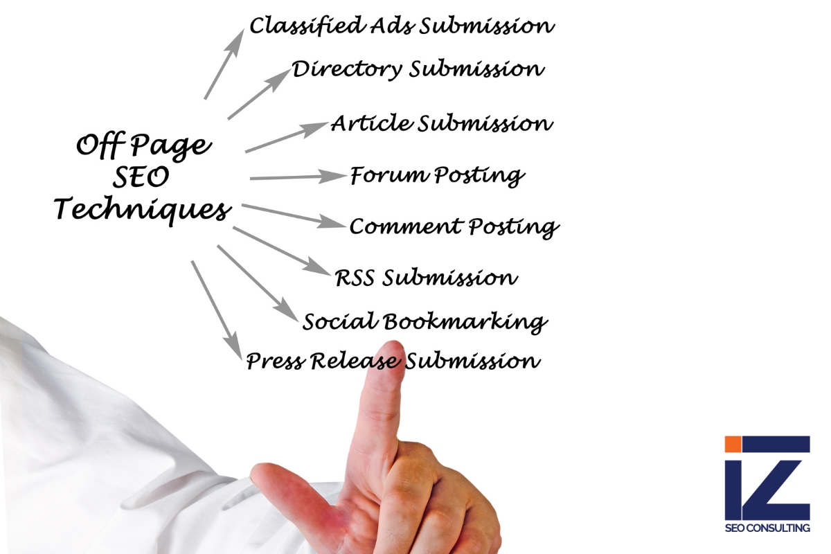 an image with a man pointing to off-page seo terms on a white background