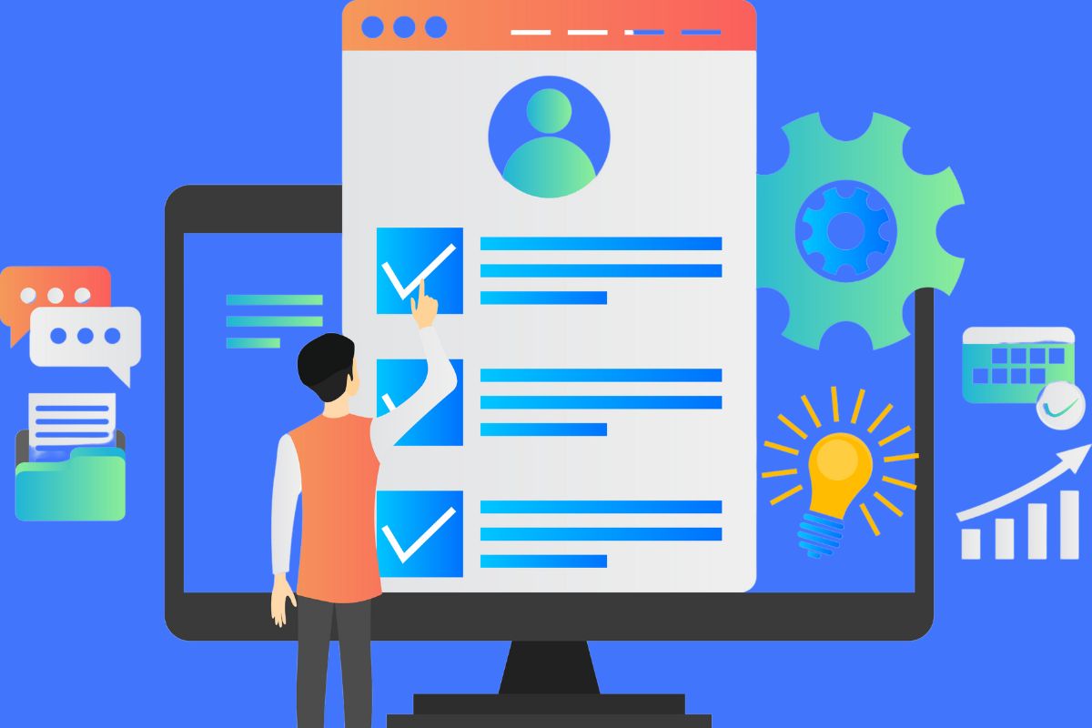 Illustration of a person interacting with a website interface, featuring checkmarks, gears, and graphs, symbolizing the collaboration between Technical SEO and Content SEO for optimized website performance.