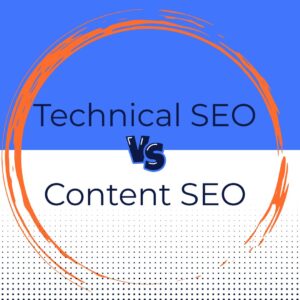 Technical SEO vs Content SEO comparison graphic with bold text and abstract orange circle