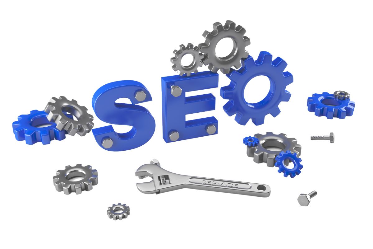 3D illustration of the word 'SEO' with blue and silver gears and a wrench, symbolizing the technical aspects of search engine optimization