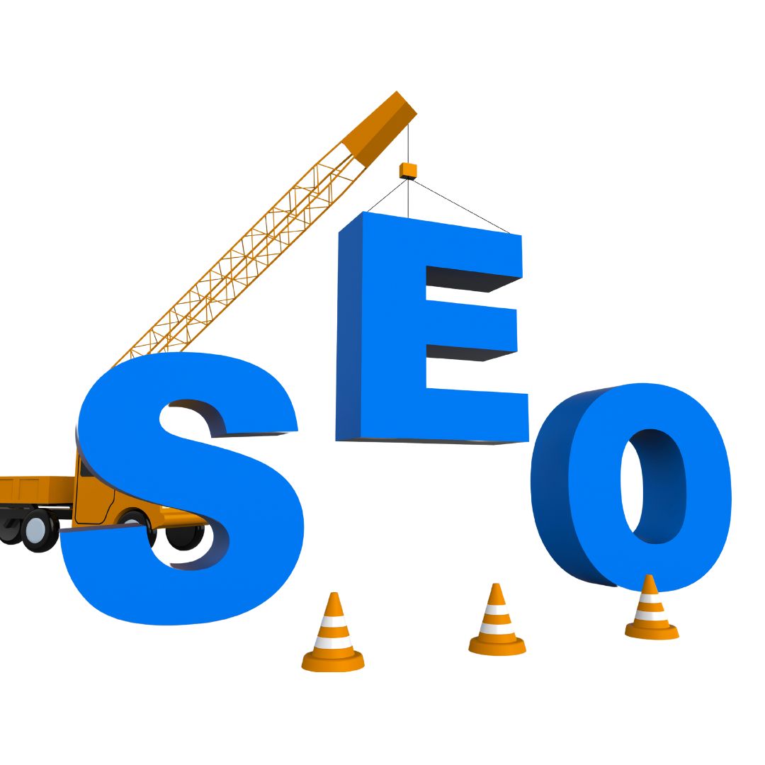 Illustration of a crane building the letters 'SEO,' symbolizing the process of improving search engine discovery and relevance.