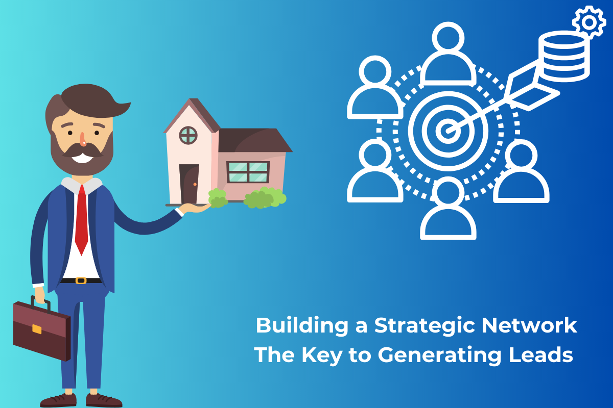 A graphic of real estate agent holding a home with a network of people graphic next to it. 