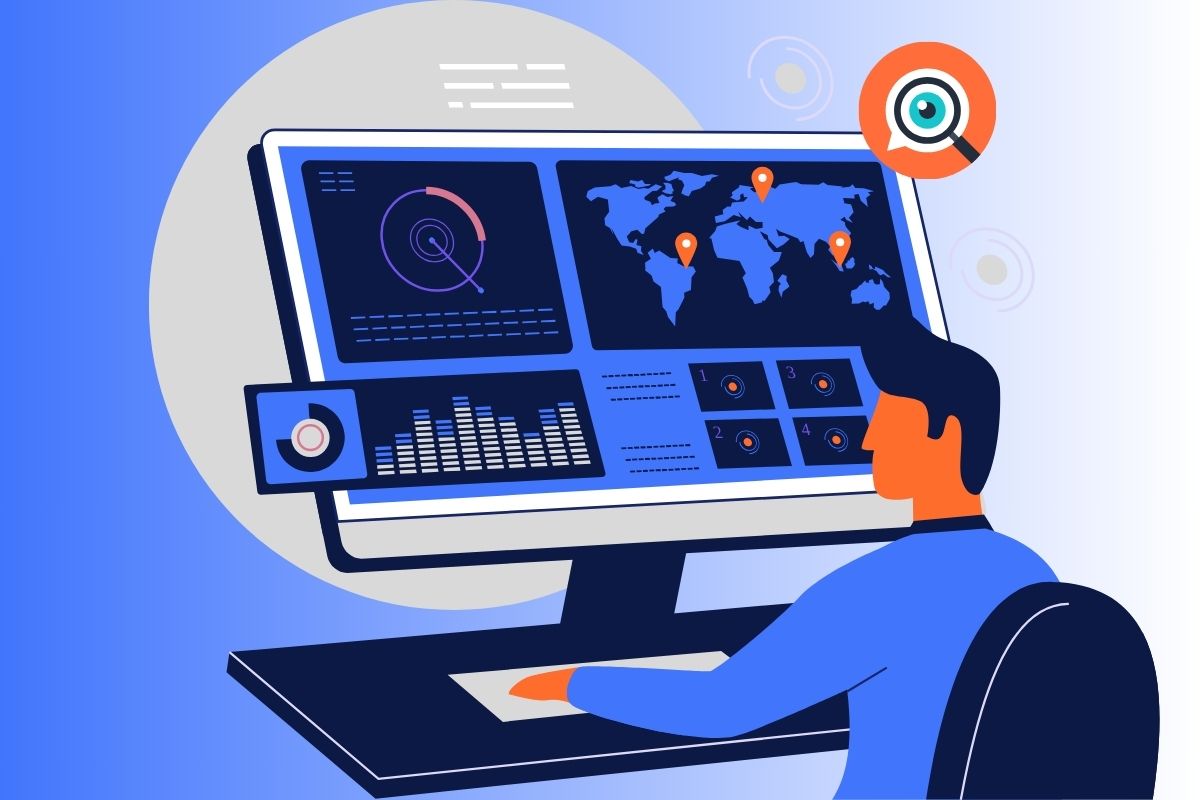 Illustration of a person analyzing local SEO data on a computer screen, displaying world maps with location pins, graphs, and tracking metrics, symbolizing tools like Google Analytics and keyword ranking platforms.