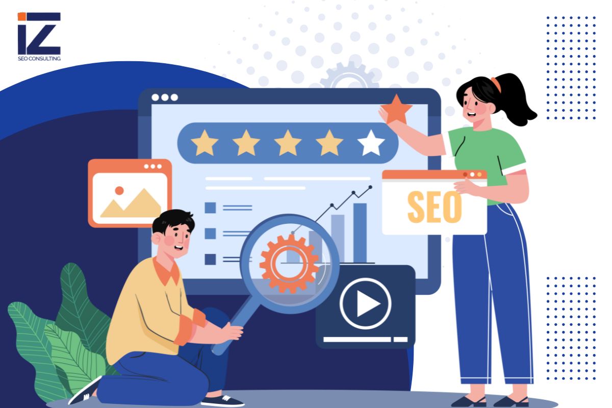a visual of two seo experts working on an seo business strategy