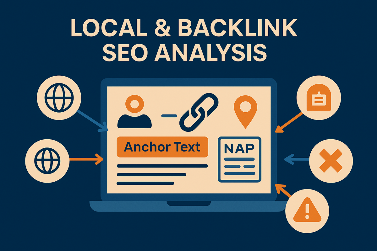 Visual dashboard of combined local SEO and backlink profile review with icons for authority links, disavowed links, local directories, and anchor strategy, designed to improve SEO traffic growth