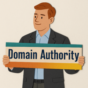 Man holding table with sign domain authority