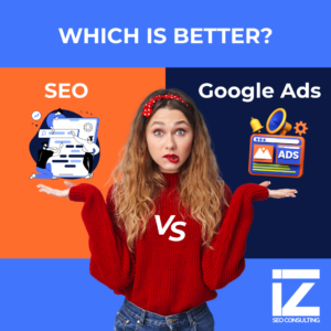 A woman trying to choose between SEO and Google Ads