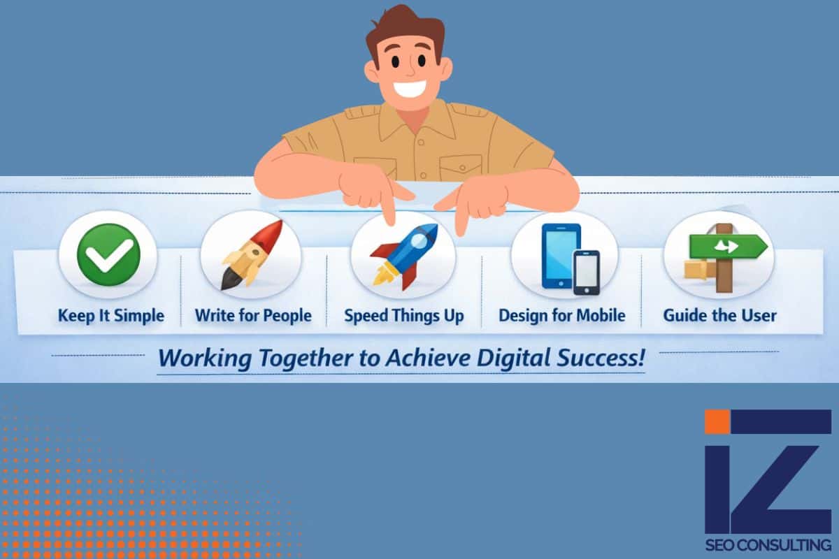 Illustration highlighting UX and SEO best practices, including simplicity, writing for users, page speed optimization, mobile-friendly design, and clear user guidance for digital success.