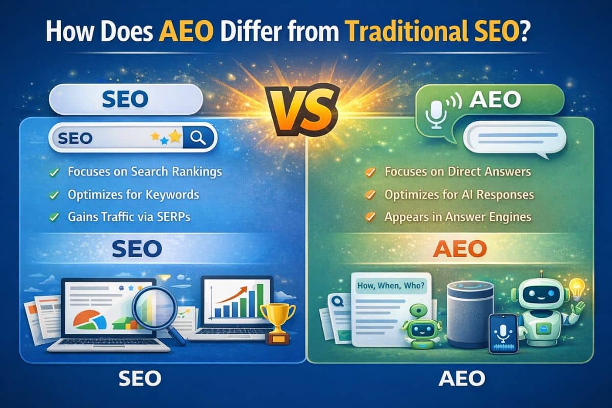 Infographic comparing traditional SEO and Answer Engine Optimization (AEO), highlighting rankings and keyword focus versus AI-driven direct answers.