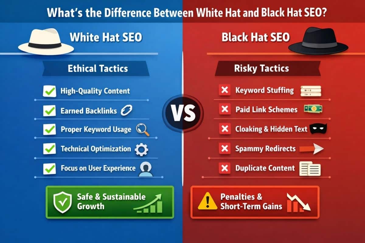 Infographic comparing white hat SEO and black hat SEO tactics, showing ethical practices like high-quality content and earned backlinks versus risky tactics such as keyword stuffing, paid links, and cloaking.