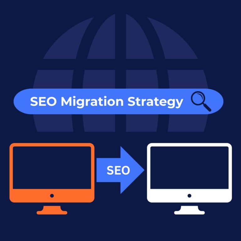 SEO Migration Strategy illustration showing website move with SEO arrow from old site to new site