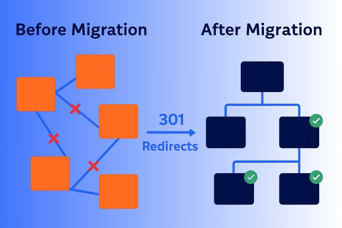 Before and after website migration diagram showing messy site structure with broken links on left and clean linked pages with checkmarks on right, labeled 301 redirects