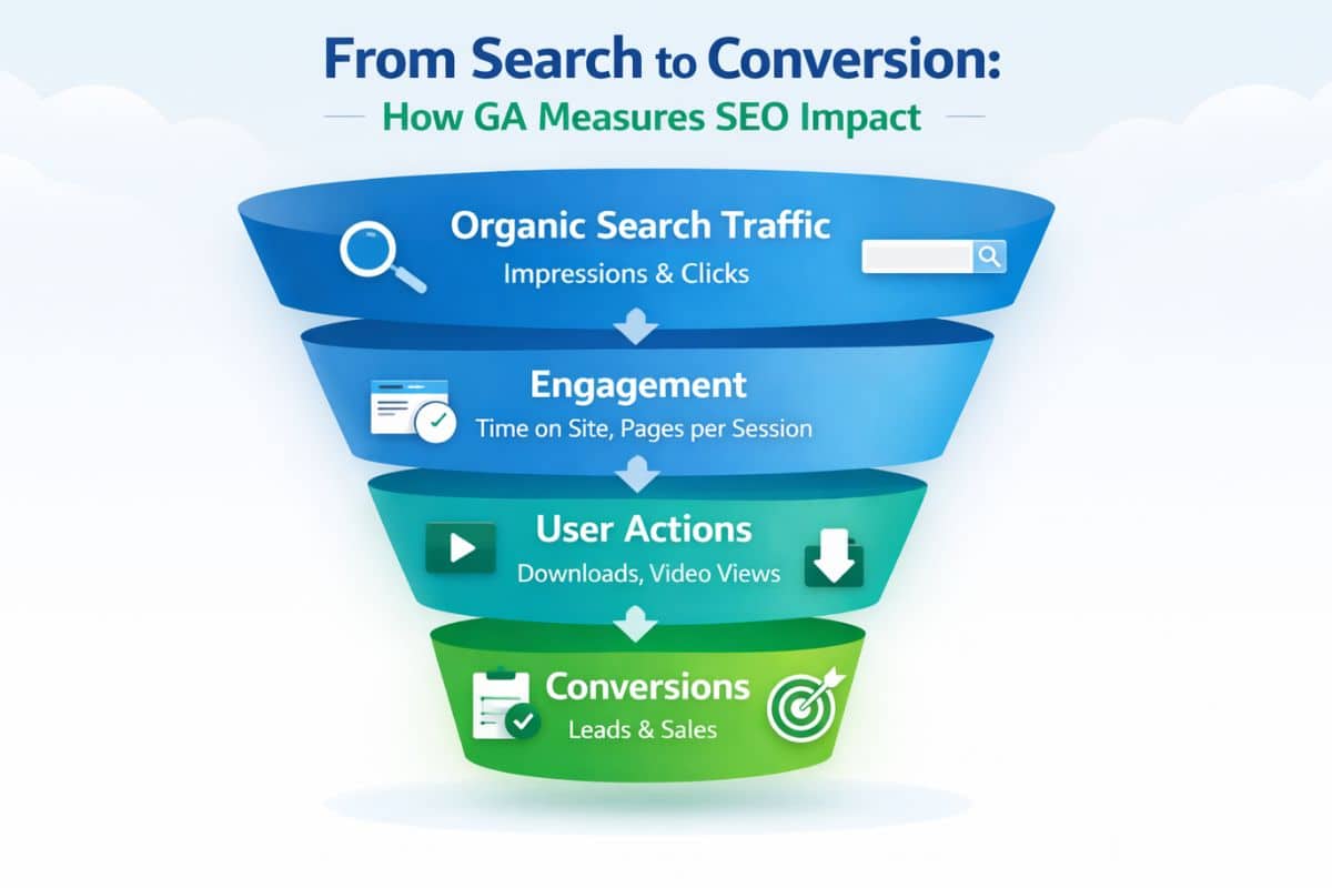 SEO funnel showing how organic search traffic leads to engagement, user actions, and conversions in Google Analytics