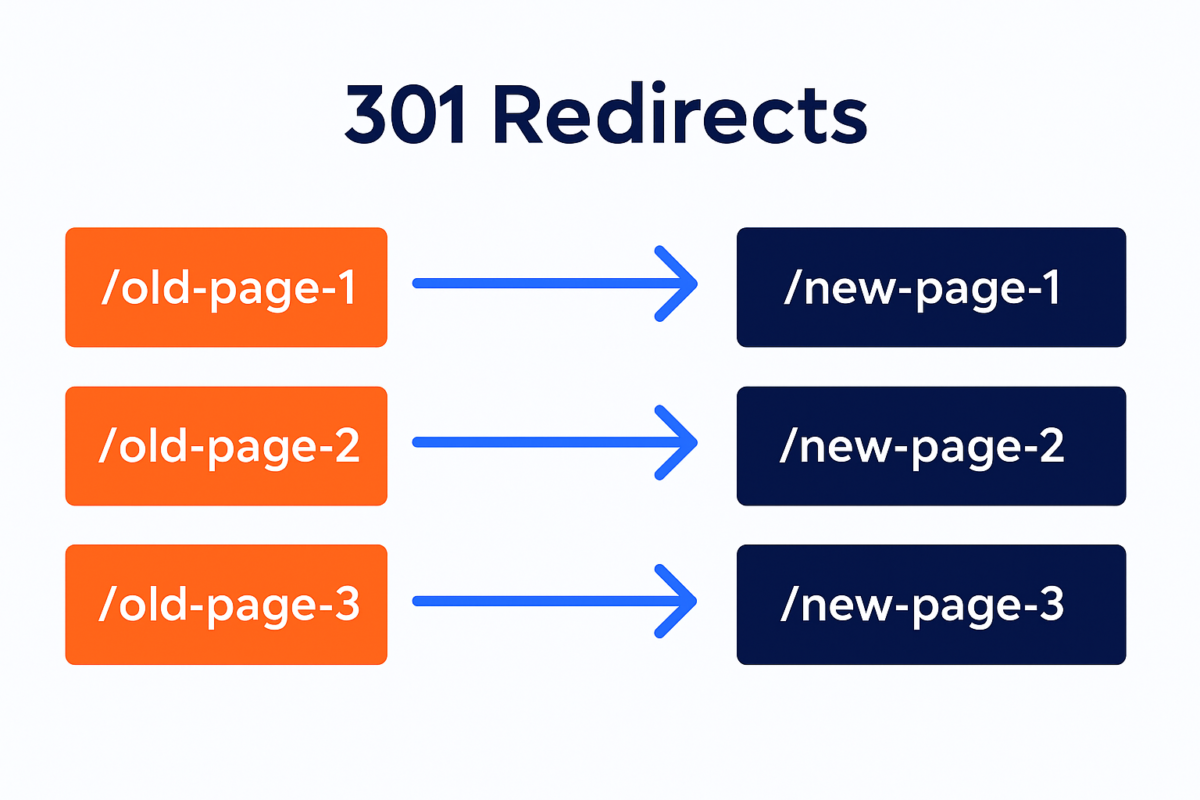 Diagram showing 301 redirects mapping old website URLs to new URLs with arrows