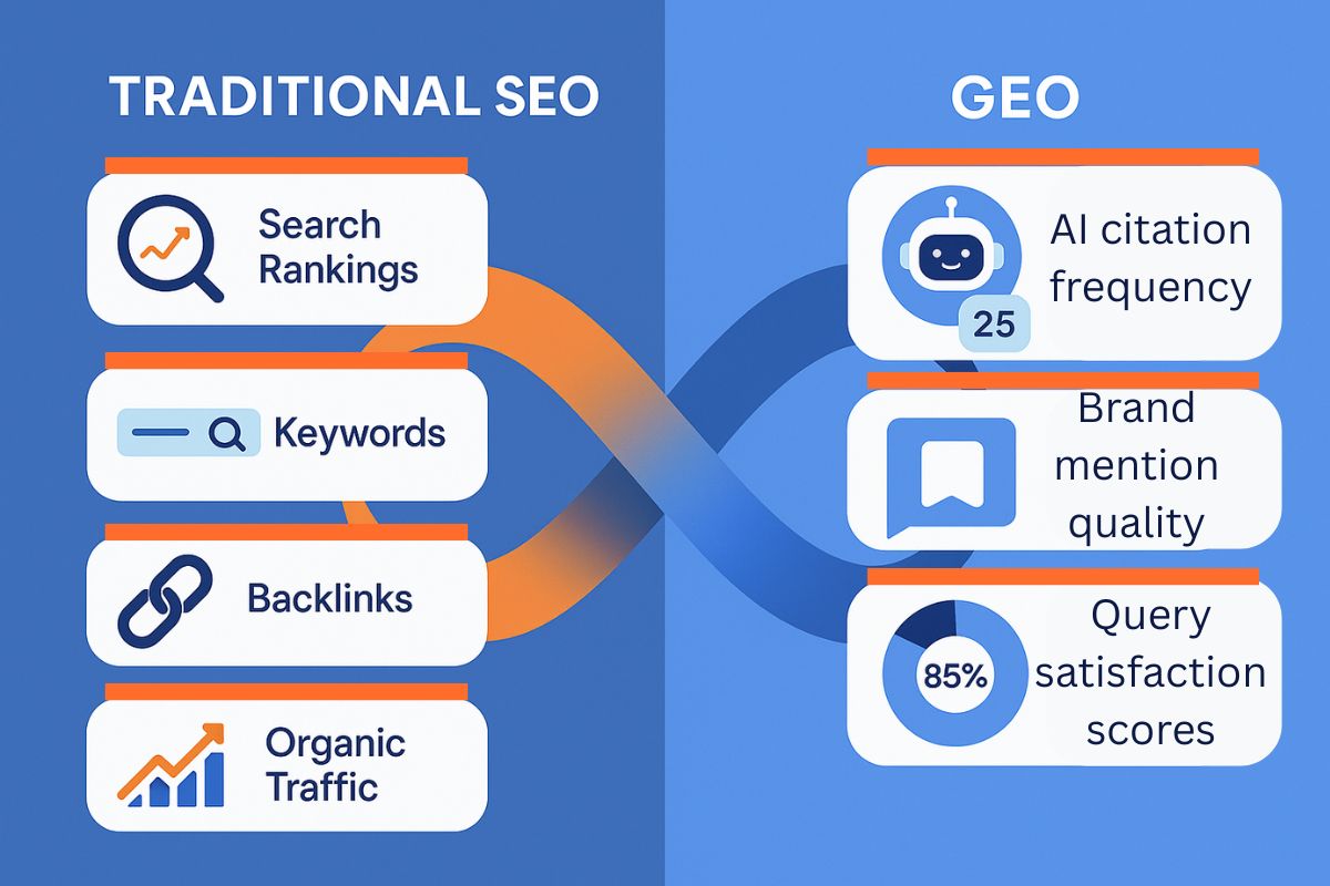 Infographic comparing traditional SEO metrics like search rankings, keywords, backlinks, and organic traffic with GEO metrics including AI citation frequency, brand mention quality, and query satisfaction scores.