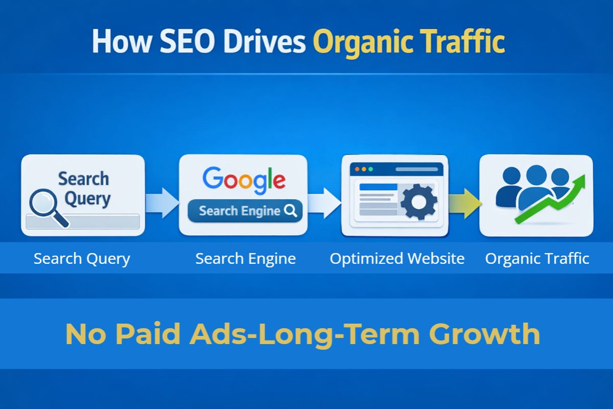 Flow diagram showing how SEO drives organic traffic from search queries through search engines to an optimized website without paid ads