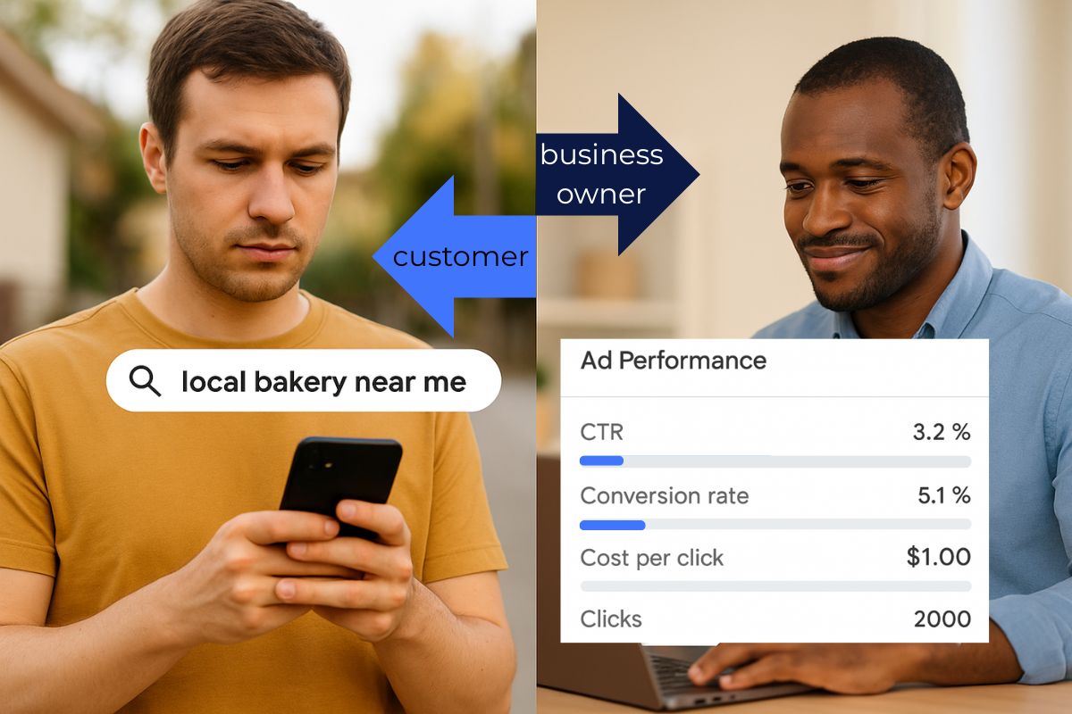 Split-screen image showing a customer searching “local bakery near me” on their phone and a business owner reviewing Google Ads performance metrics like CTR, conversion rate, and cost per click—demonstrating the key value proposition of Google Search campaigns.