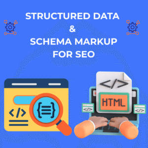 A title "Structured Data & Schema Markup for SEO" on the blue background and above the two schema markup elements.