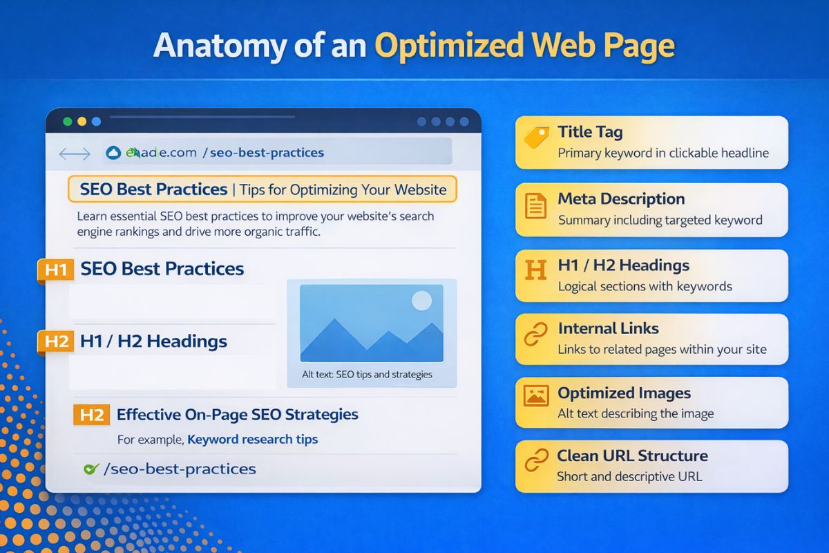Diagram showing the anatomy of an optimized web page, including title tag, meta description, H1 and H2 headings, internal links, optimized images with alt text, and clean URL structure