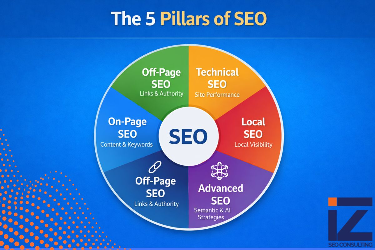 The five pillars of SEO shown in a segmented wheel: on-page SEO, off-page SEO, technical SEO, local SEO, and advanced SEO