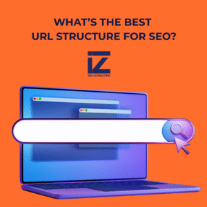 A laptop with a link field empty with a title "What's the best URL structure for SEO?" above it.