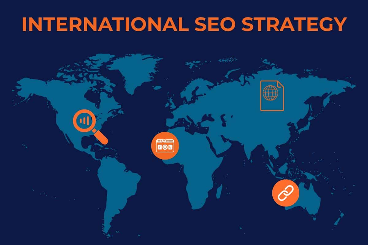 Global map graphic illustrating key components of an international SEO strategy, including keyword research, localization, and backlinks.