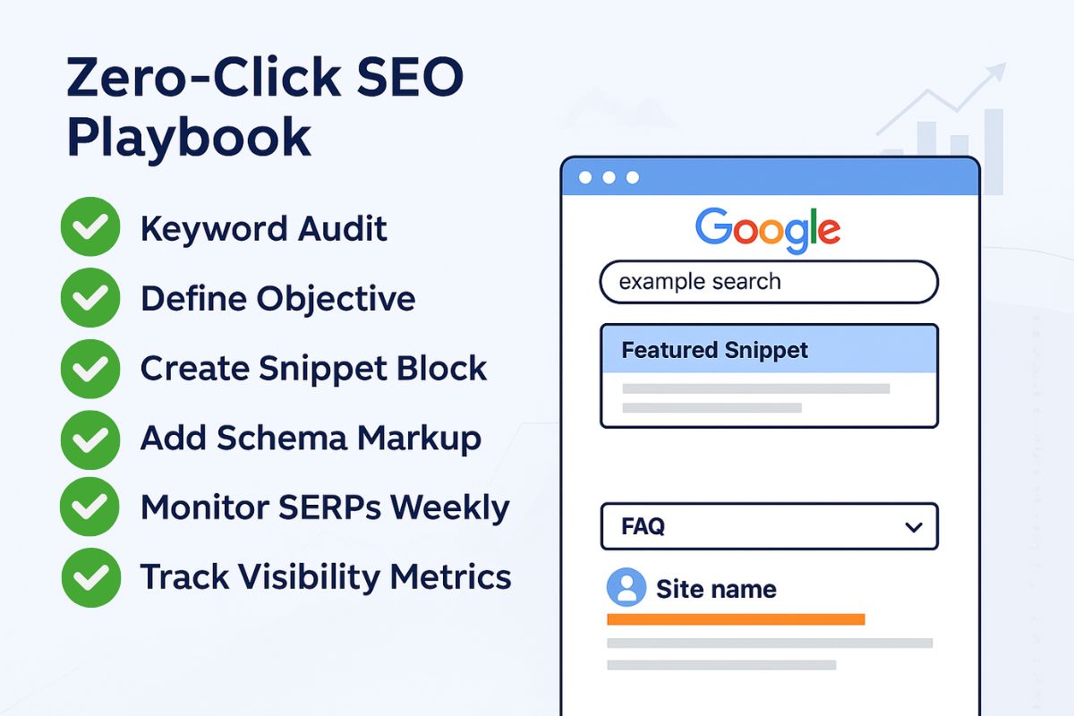 Zero-Click SEO Playbook graphic showing six key tactics: keyword audit, define objective, create snippet block, add schema markup, monitor SERPs weekly, and track visibility metrics, alongside a visual of a Google search result with a featured snippet and FAQ sections.
