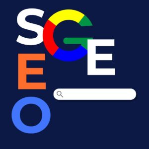 Graphic showing SEO with Google colors and search bar, illustrating the impact of SGE on SEO