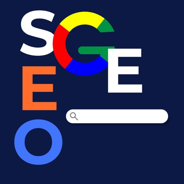 Graphic showing SEO with Google colors and search bar, illustrating the impact of SGE on SEO