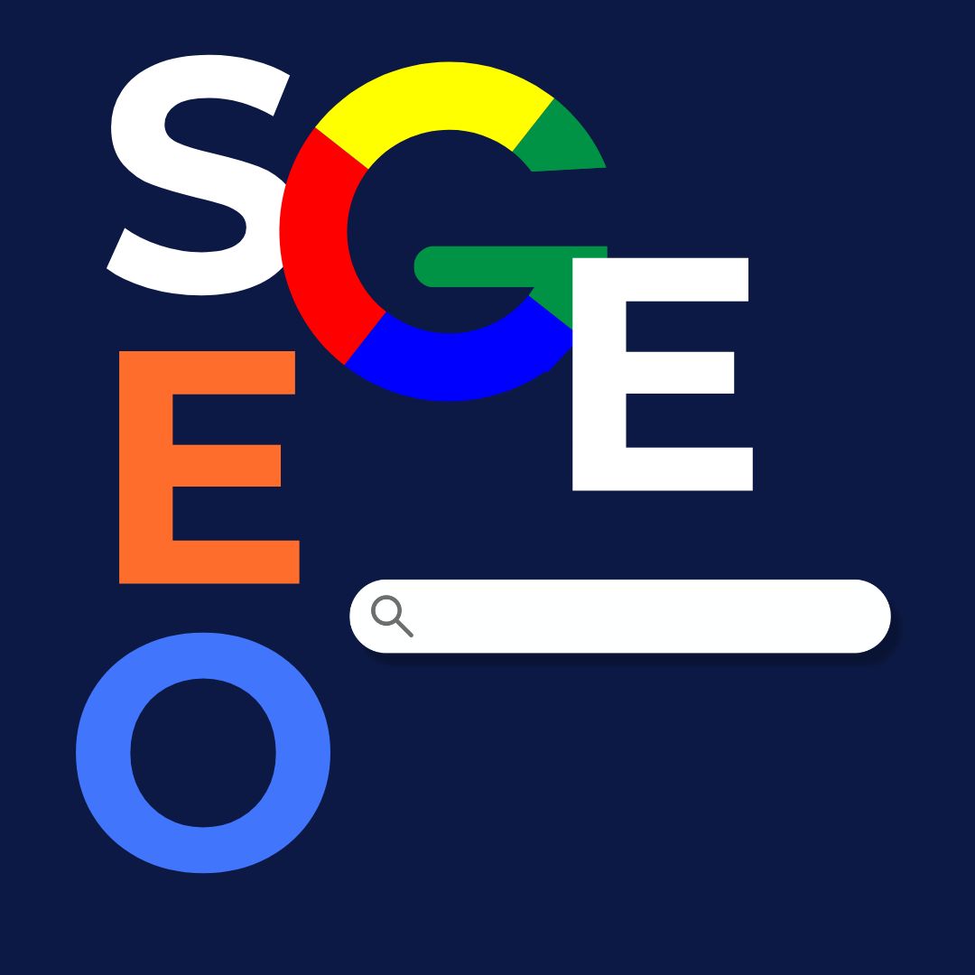 Graphic showing SEO with Google colors and search bar, illustrating the impact of SGE on SEO