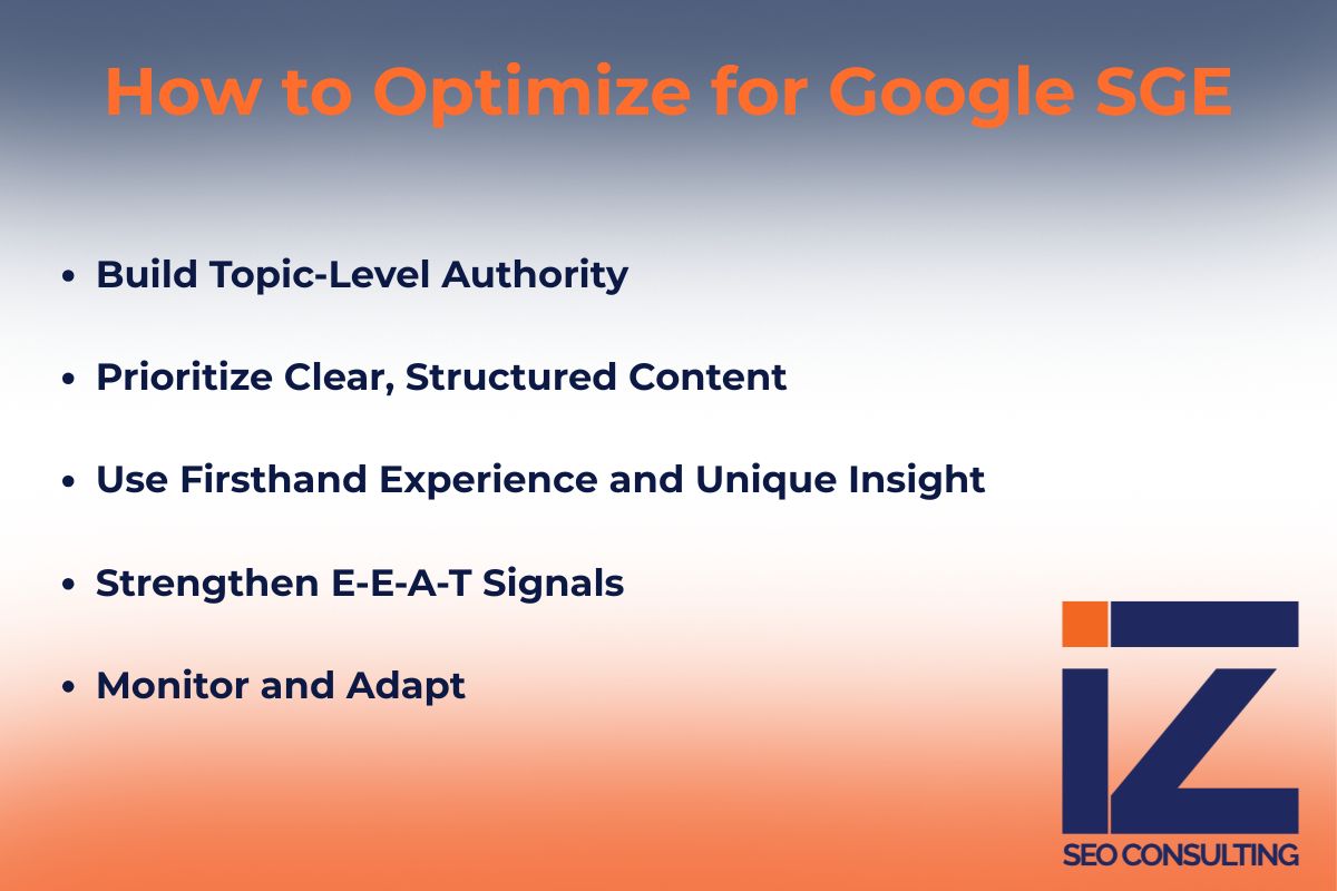 List of how to optimize for Google SGE with key tactics and branding, highlighting the impact of SGE on SEO
