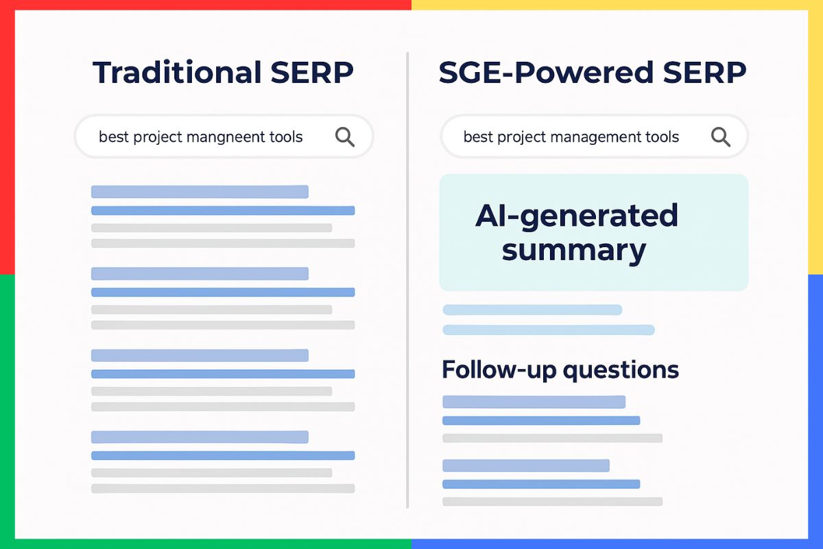 Side-by-side comparison of traditional SERP and SGE-powered SERP showing the impact of SGE on SEO