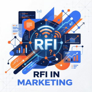 A modern visual with multiple marketing oriented elements displayed above the title "RFI IN MARKETING"