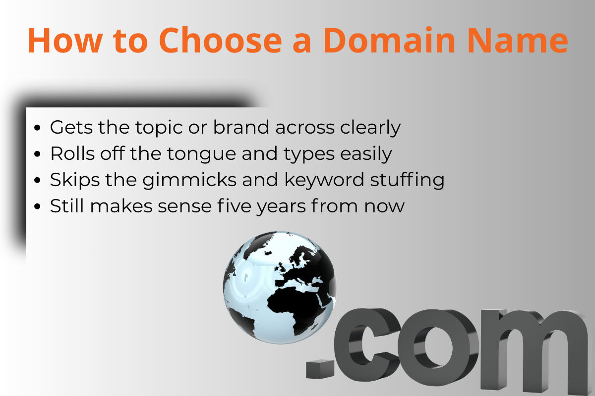 list what to consider when choosing a domain name for long-term branding and SEO