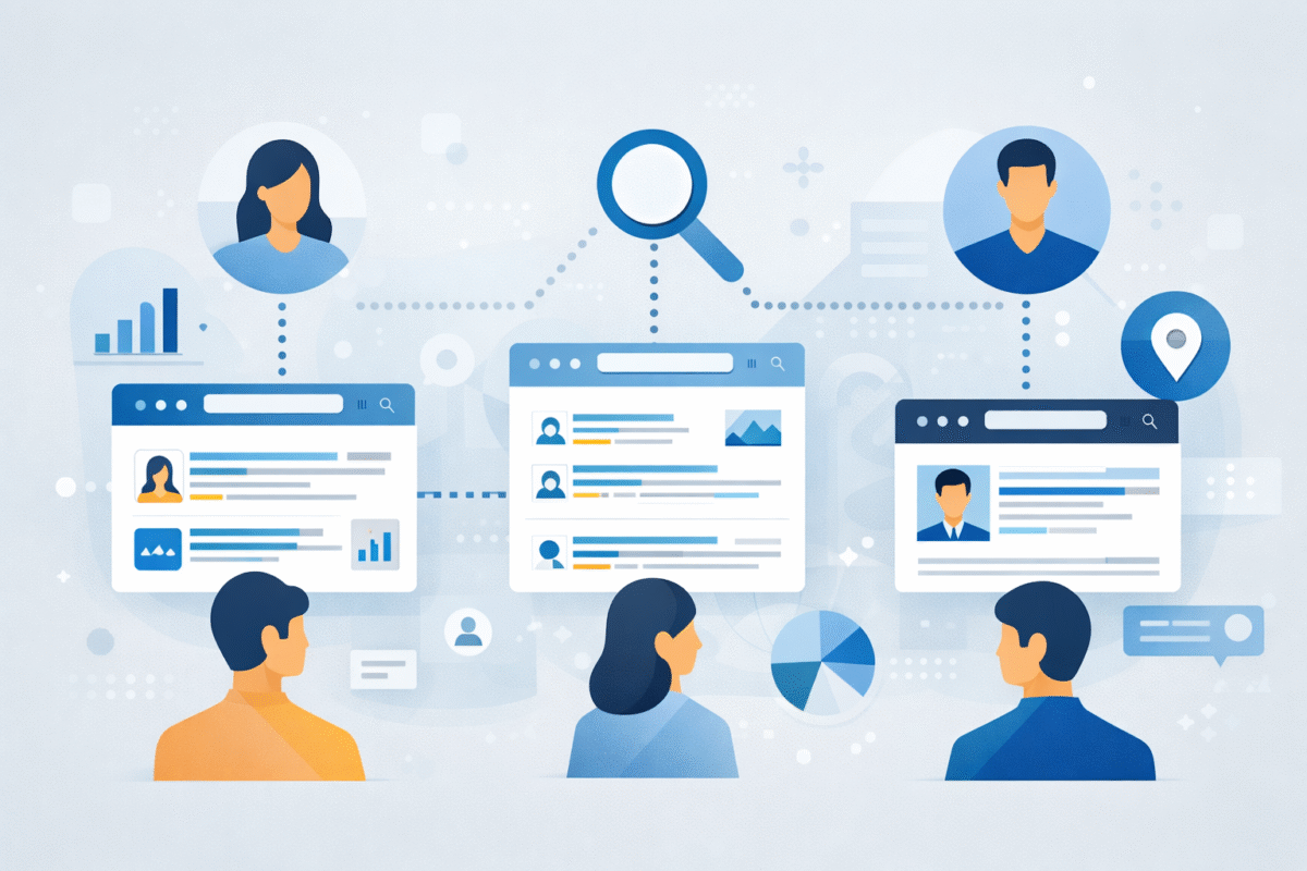 illustration showing multiple users connected to different personalized search results