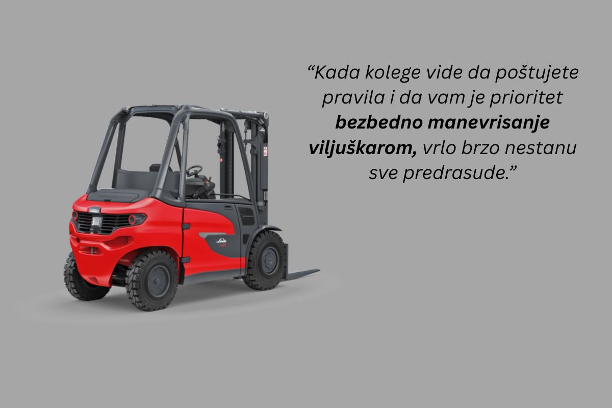Linde viljuškar na sivoj pozadini sa natpisom o poštovanuju prioriteta za bezbedno manervisanje viljuškarom