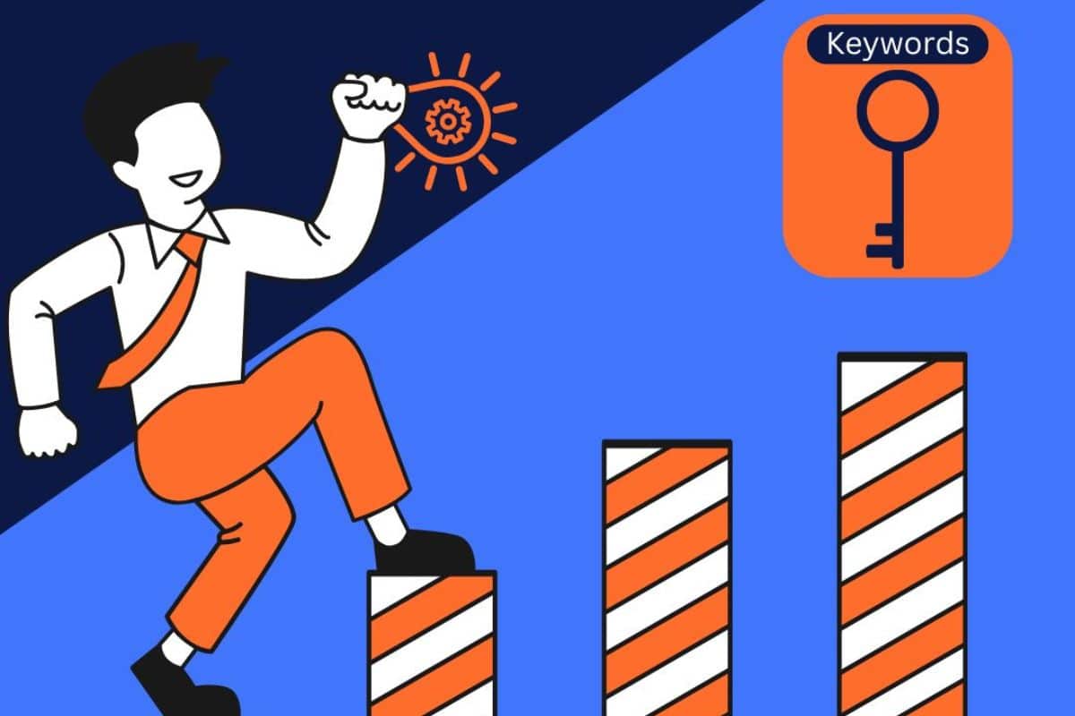 Keyword research and analysis illustration showing a marketer climbing upward bars toward SEO growth with a keyword key icon representing search optimization strategy