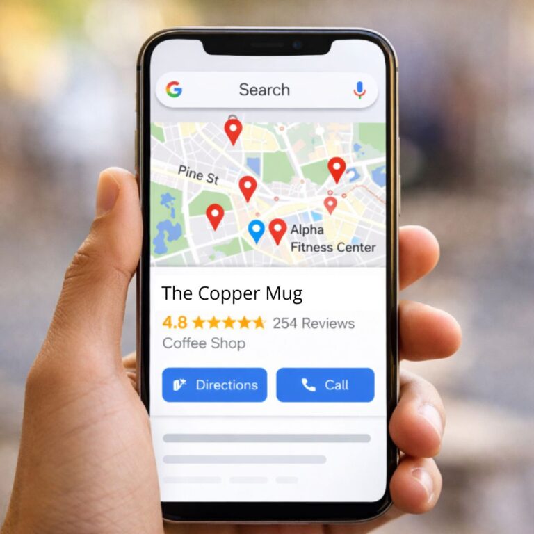 Smartphone displaying a Google Business Profile listing on Google Maps with star ratings, business name, and call and directions buttons.