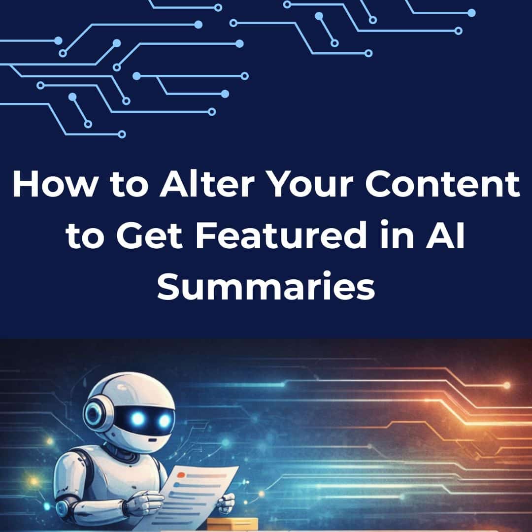 illustrating content optimization for AI-generated summaries, with a robot reviewing digital content in a search environment.