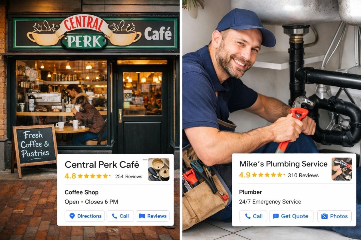 Side-by-side example of local businesses showing a coffee shop and a plumber with their Google Business Profile listings, including reviews, ratings, and action buttons.