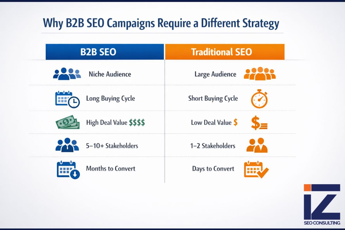 Comparison chart showing differences between B2B and traditional SEO, highlighting audience size, buying cycle, deal value, stakeholders, and conversion timeline in b2b seo campaigns.