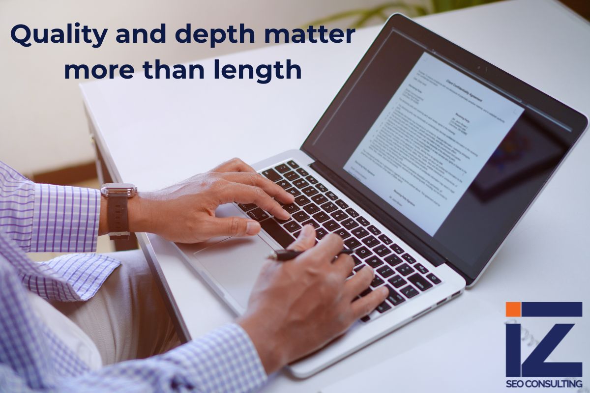 Content creation concept showing writer on laptop with message that quality and depth matter more than length in SEO.